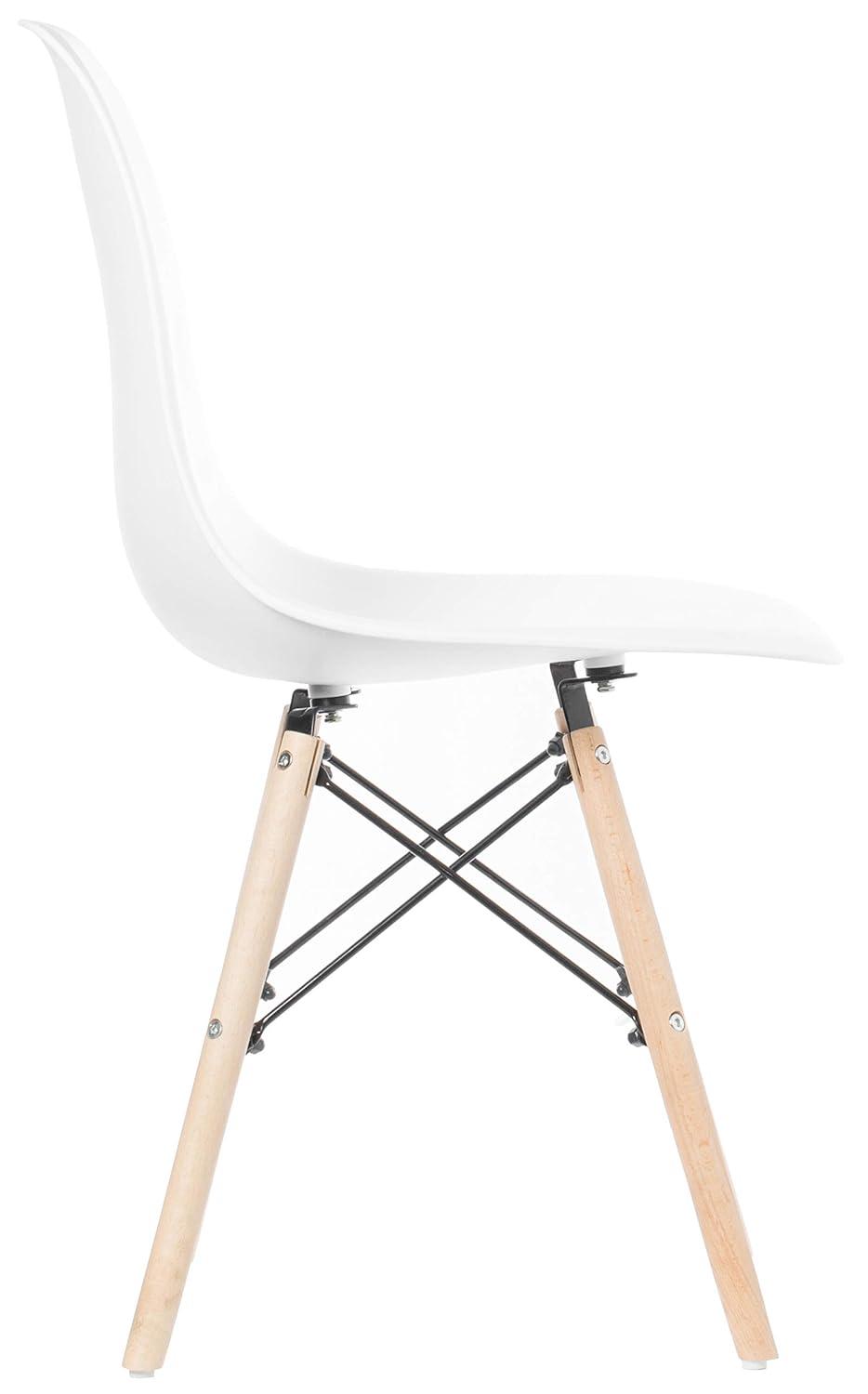 Fabulaxe Mid-Century Modern Style Plastic DSW Shell Dining Chair with Solid Beech Wooden Dowel Eiffel Legs, White