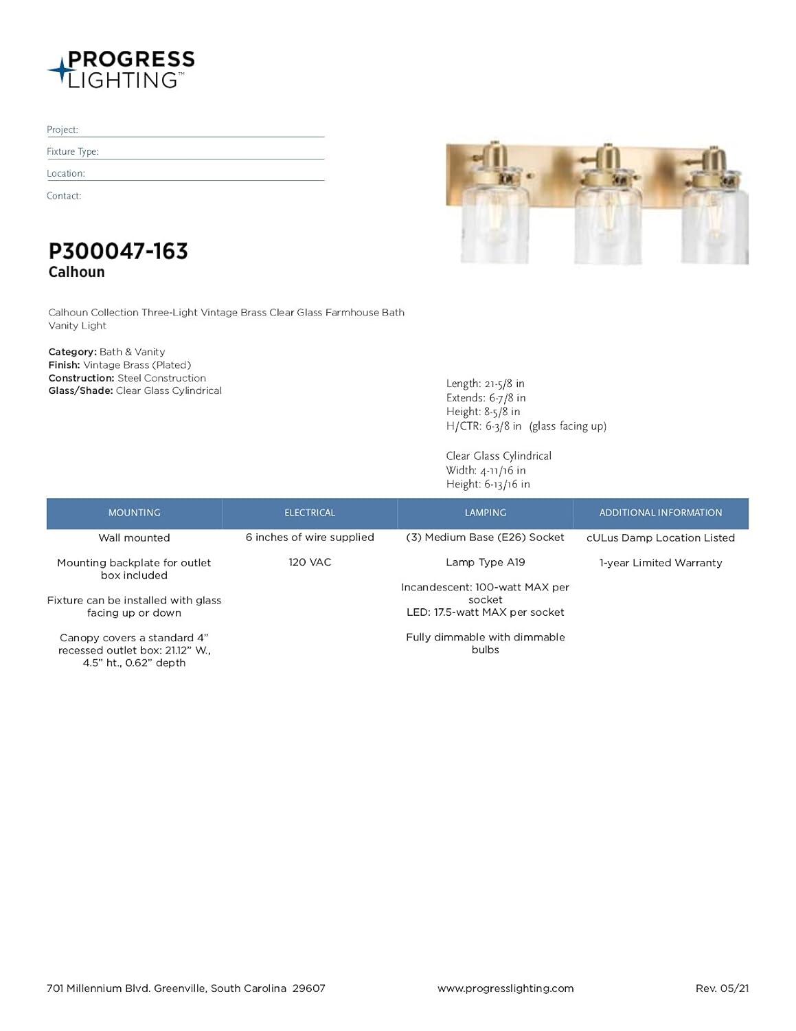 Progress Lighting Calhoun 3-Light Vintage Brass Bath Vanity