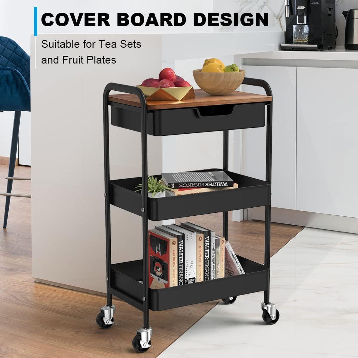 Utility Cart with Wooden Table Top, 3-Tier Metal Rolling Storage Cart, Black Trolley Kitchen Organizer Rolling Desk with Locking Wheels for Office, Classroom, Home