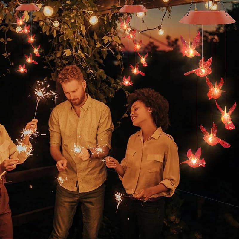 Solar-Powered Red Bird Wind Chimes with LED Lights