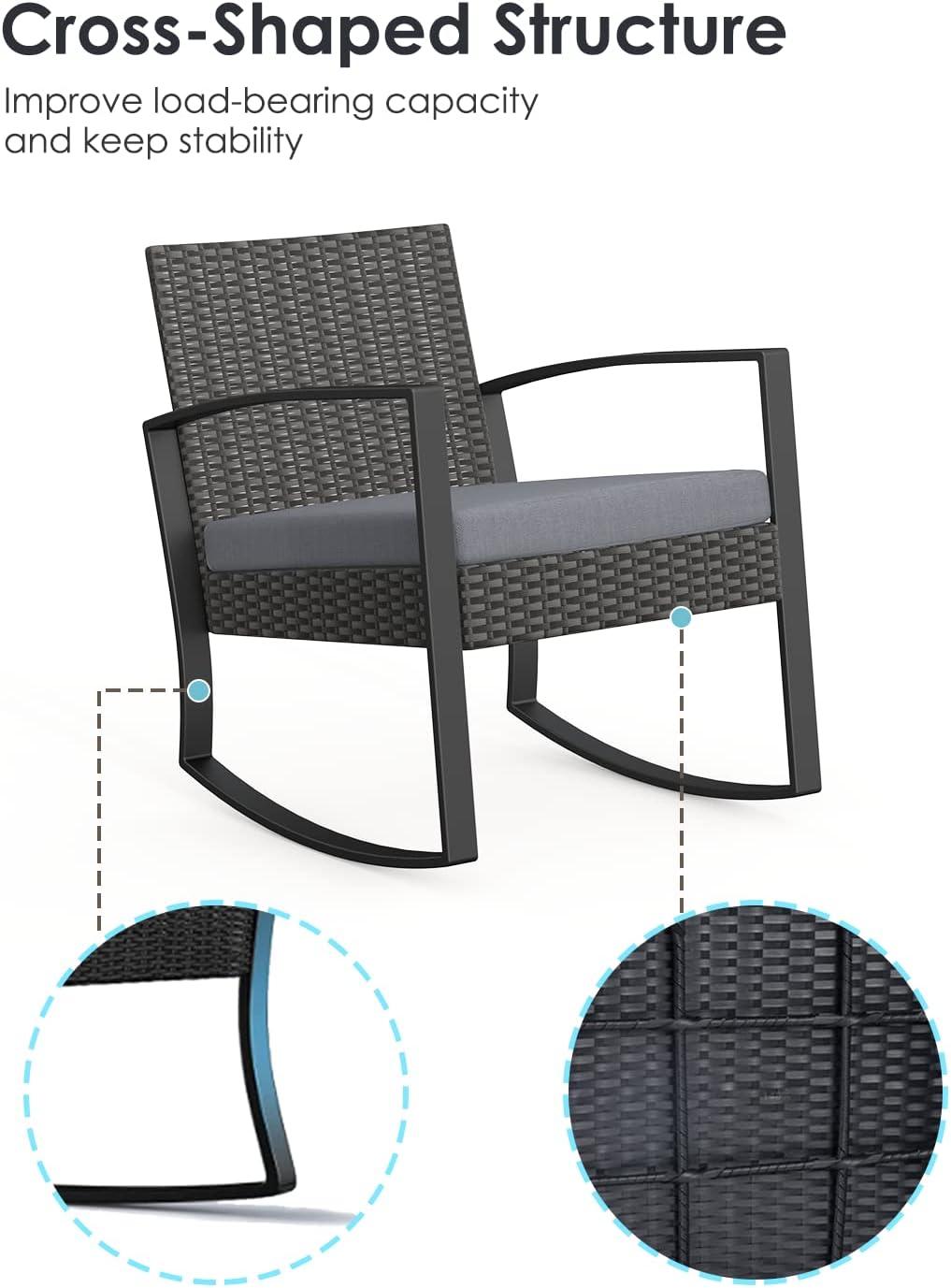 3 Piece Wicker Patio Furniture Set, Outdoor Rocking Chairs, Outdoor Furniture with Table & Cushions, Patio Chairs Balcony Porch Furniture, Gray