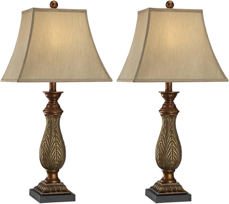 Regency Hill Traditional Table Lamps 29" Tall Set of 2 Two Tone Gold Leaf Linen Rectangular Bell Shade for Living Room Family Bedroom