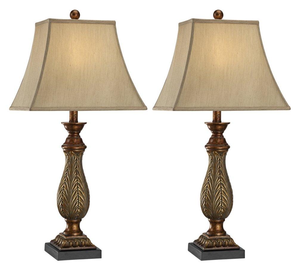 Regency Hill Traditional Table Lamps 29" Tall Set of 2 Two Tone Gold Leaf Linen Rectangular Bell Shade for Living Room Family Bedroom