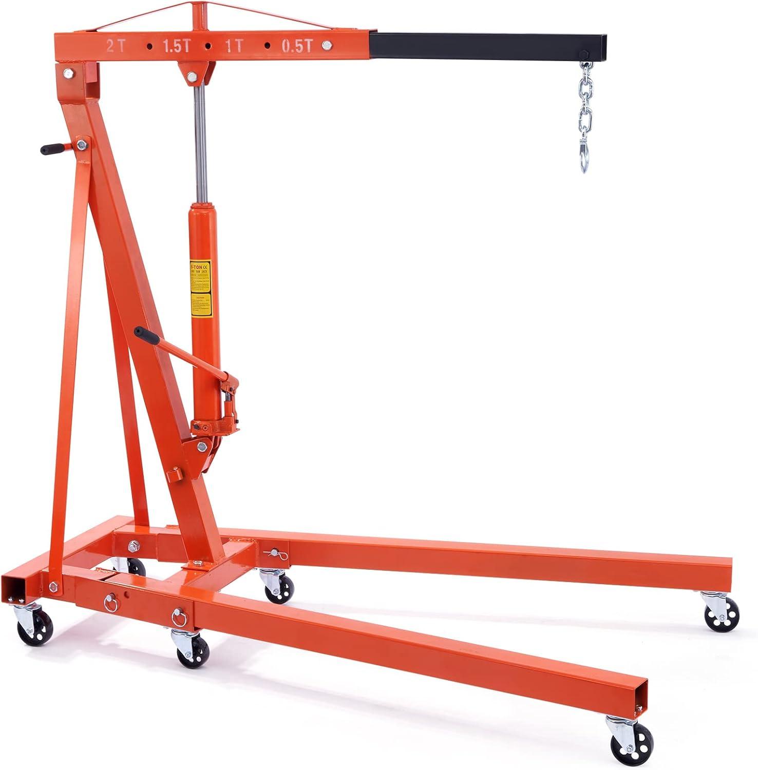 BENTISM 2T Folding Engine Crane Movable Engine Hoist with Load Leveler 4400 lbs/2 ton Heavy-Duty Cherry Picker Shop Crane Adjustable Boom Engine Crane