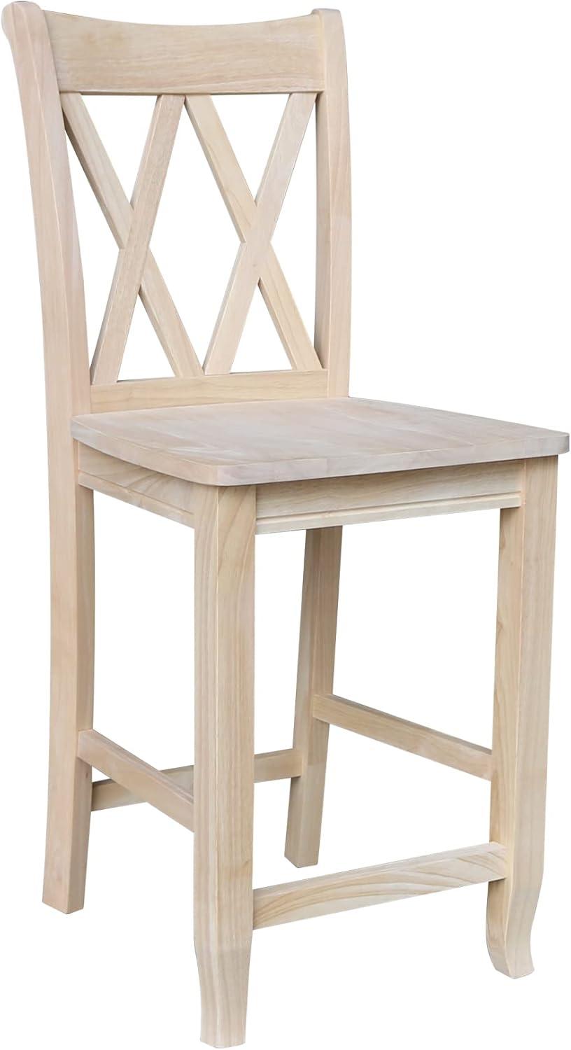 24" Double X Back Counter Height Barstool Unfinished - International Concepts: Solid Wood, Kitchen Island Seating