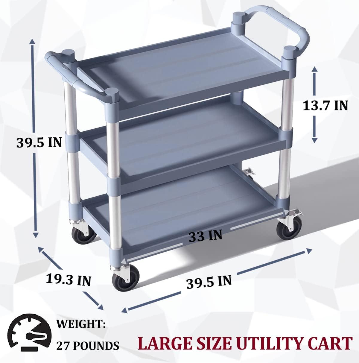 Service Cart Heavy Duty 3-Shelf Rolling Utility/Push Cart with Lockable Wheels, 360 lbs. Capacity, for Foodservice/Restaurant/Cleaning