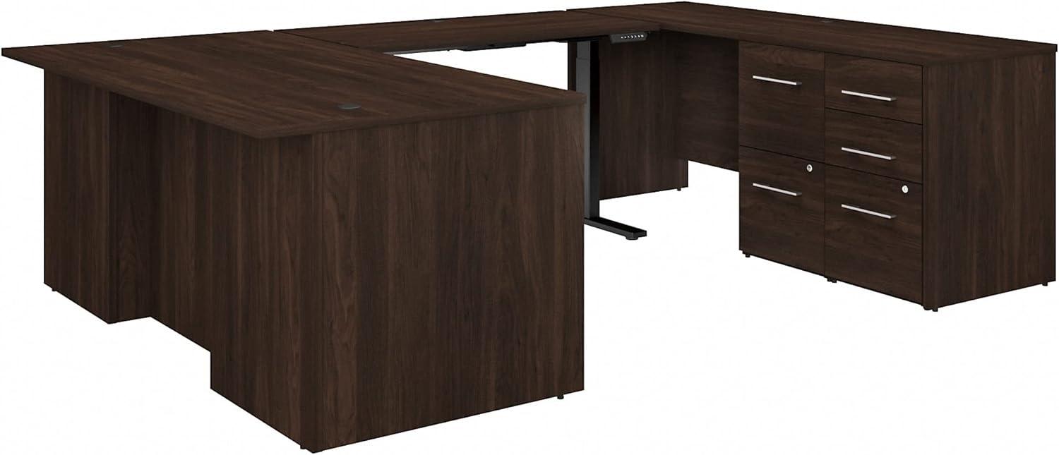 Contemporary Black Walnut U-Shaped Adjustable Desk with Storage