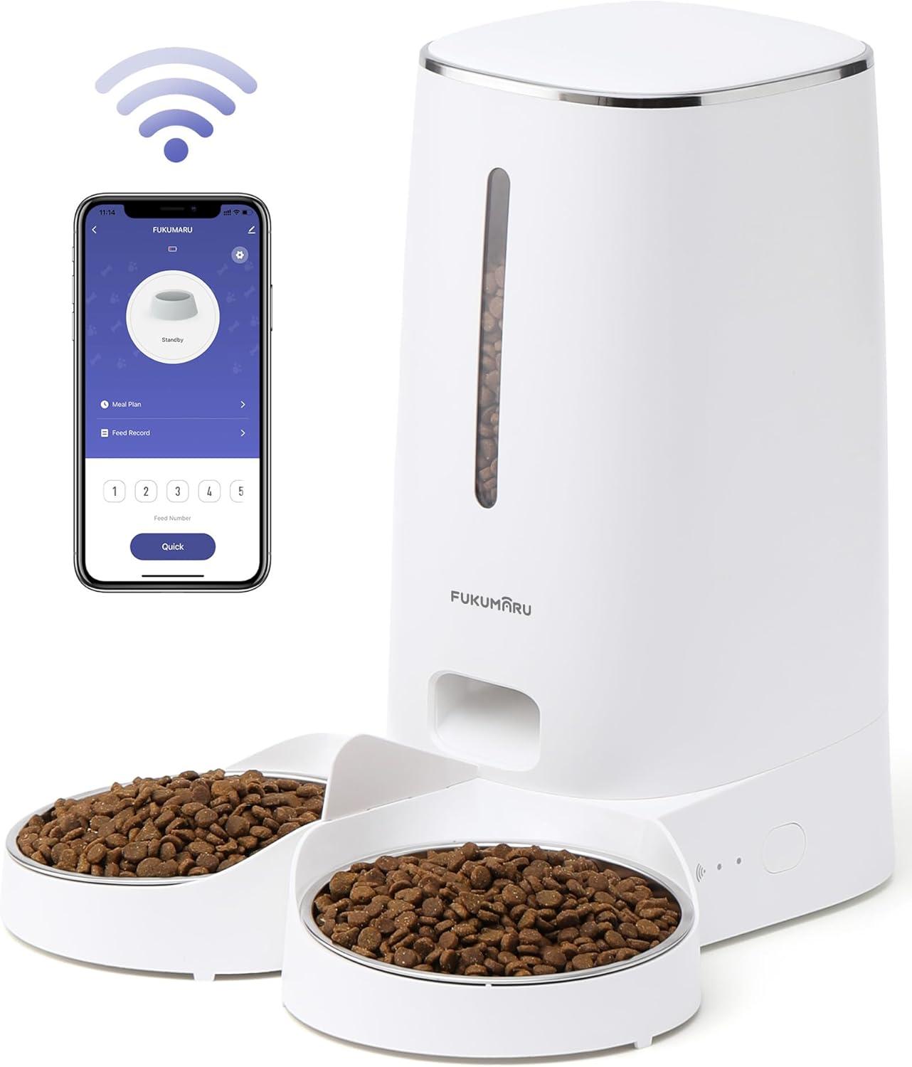 FUKUMARU Automatic Cat Feeder, 4L Dog Feeders with Double Bowls, Support DIY Meals and Timed Control WiFi Cat Food Dispenser, Suit for Most Cat and Dog Food C49