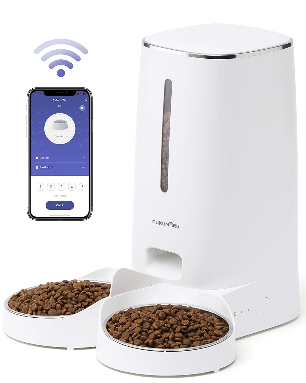 FUKUMARU Automatic Cat Feeder, 4L Dog Feeders with Double Bowls, Support DIY Meals and Timed Control WiFi Cat Food Dispenser, Suit for Most Cat and Dog Food C49