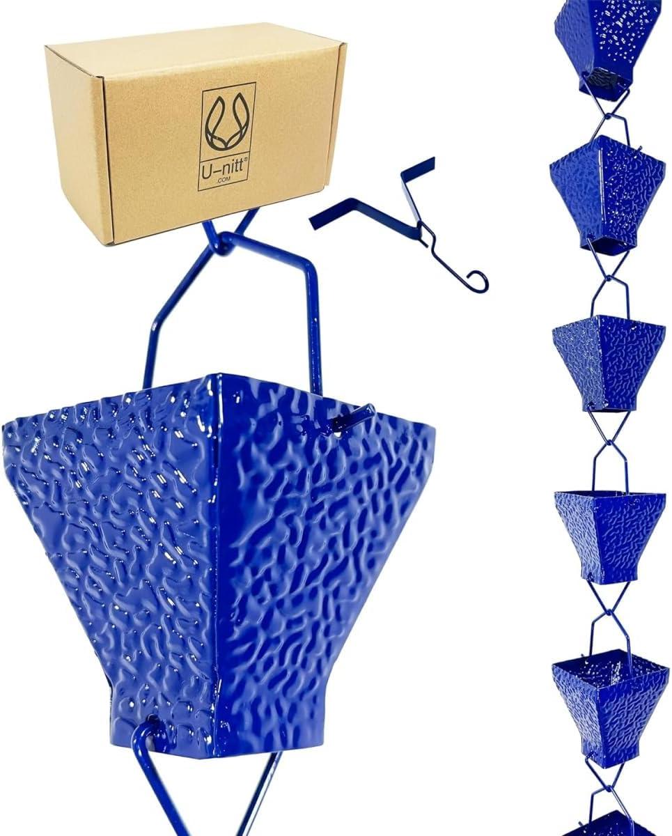 U-nitt Rain Chains, Roof Gutter Downspout Channel, Rainwater Catcher/Diverter, 8.5 FT, Metal, Blue Powder Coated, Texture Square, Modern, 5517BLU