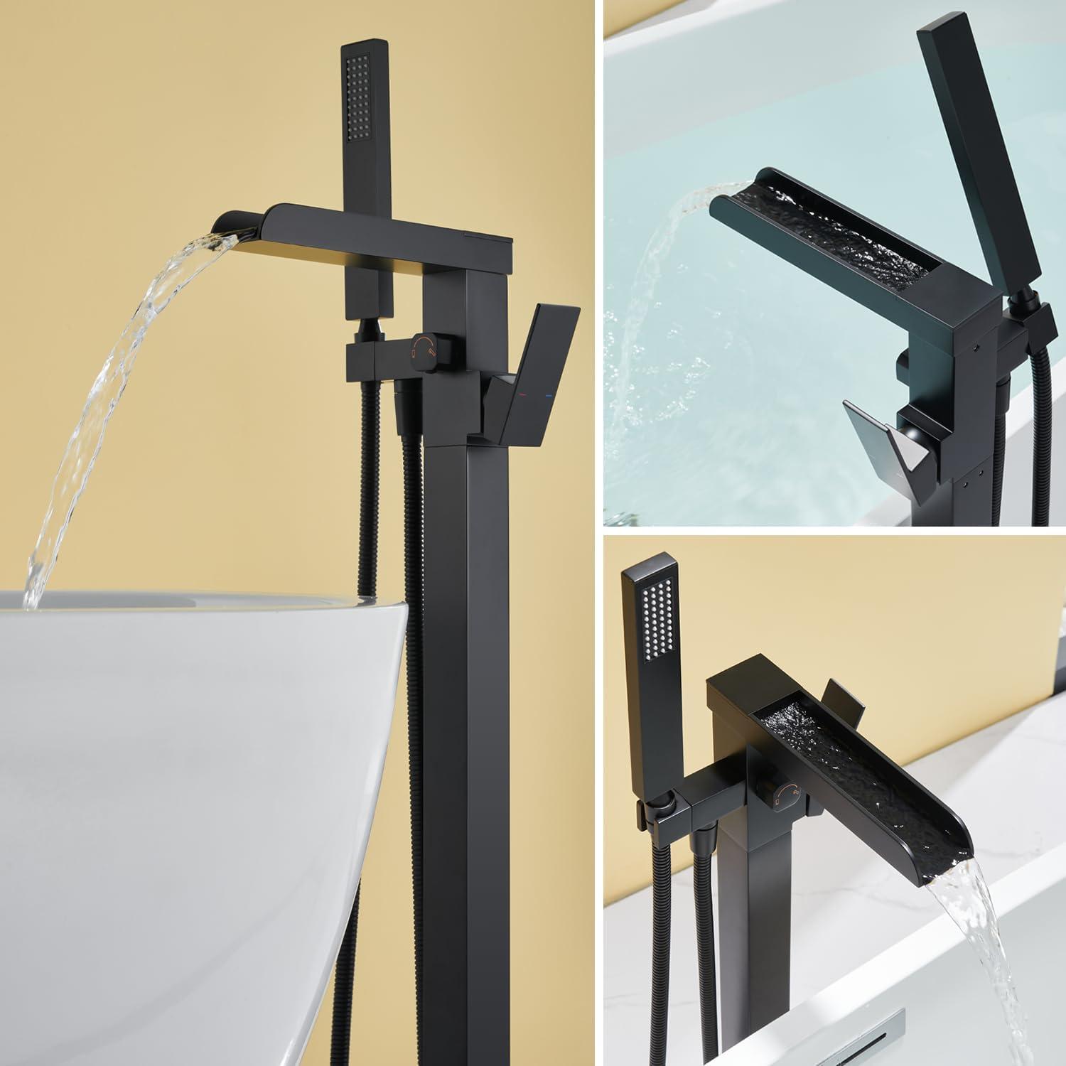 Waterfall Tub Filler Freestanding Bathtub Faucet Floor Mount Brass Single Handle Bathroom Faucets with Hand Shower