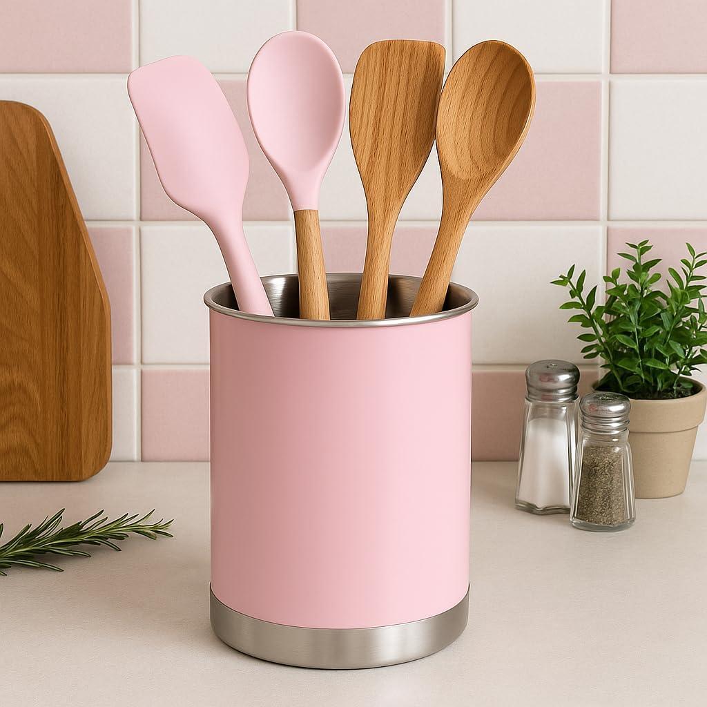 Creative Home Stainless Steel Tool Crock Utensil Holder, 5" x 5 "x 6.25", Pink