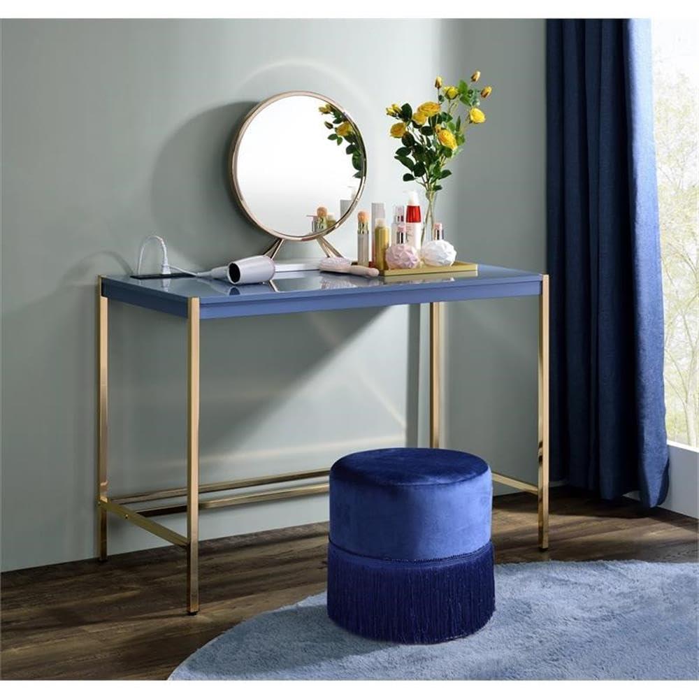 Mercer41 Navy Blue and Gold Writing Desk with USB Ports, Modern Design for Enhanced Workspace and Connectivity