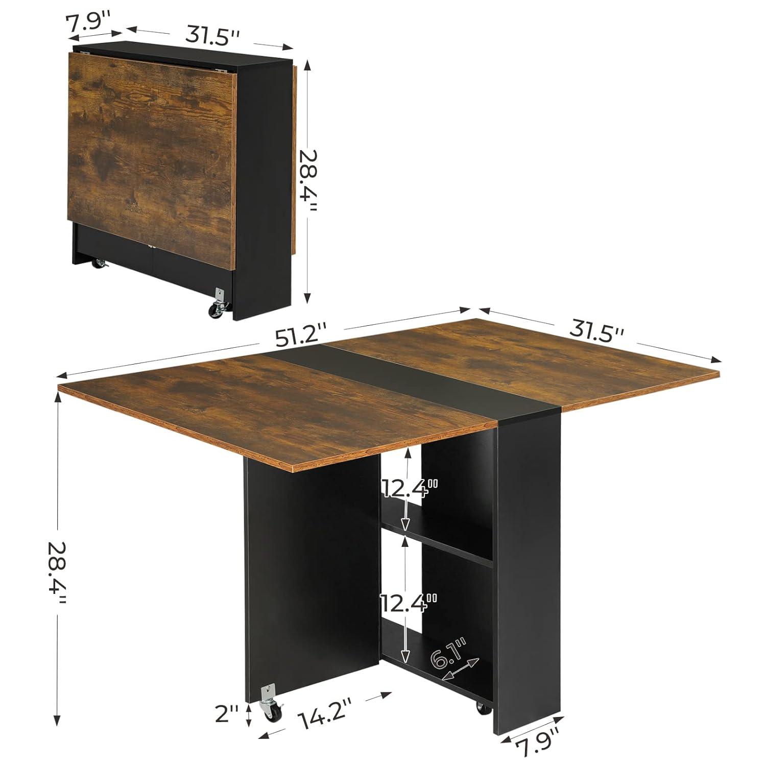 Tiptiper Folding Dining Table with 6 Wheels, Drop Leaf Tables for Small Spaces, Foldable Dining Table with 2-Layer Storage Rack, Folding Kitchen Table, Rustic Brown and Black