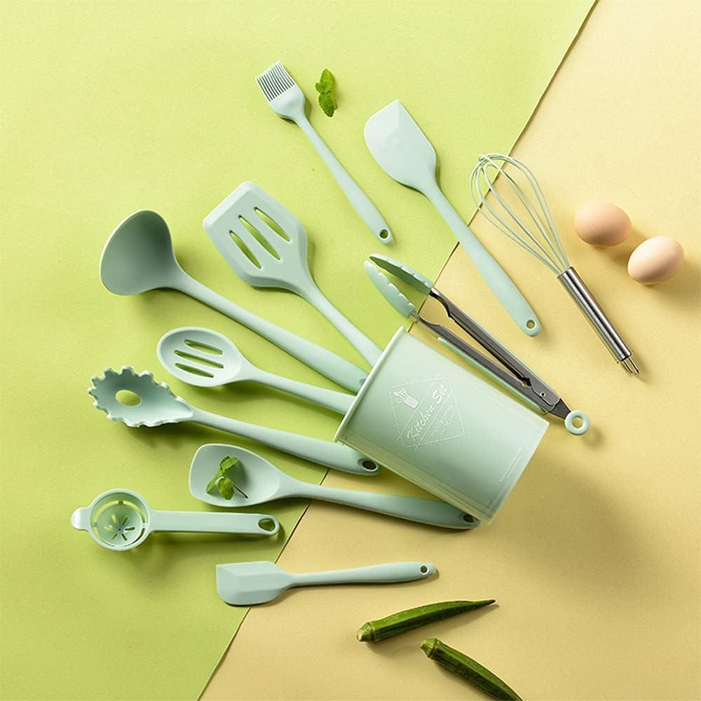 VIVAYO 12 Pieces Silicone Kitchen Utensils Set, Kitchen Cooking Spatula Sets with Holder for Cookware Heat Resistant Spoons, Turners,Tongs, Whisk, Basting Brush, Green