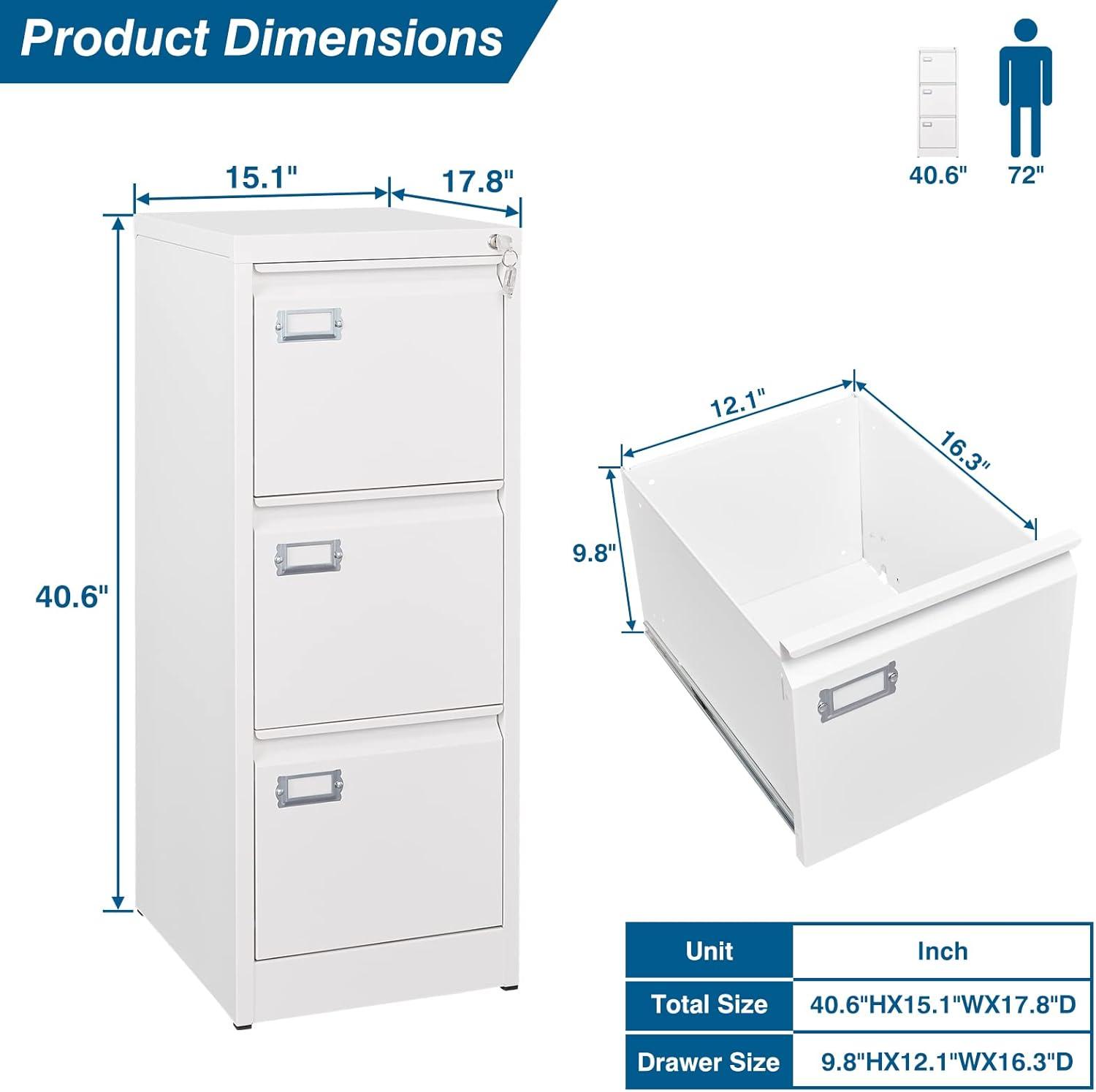 3 Drawers Vertical File Cabinets - 17.8" Deep Lockable Filing Cabinet - White Metal Storage Cabinets for Home Office to Hanging Files Letter/Legal/F4/A4 Size