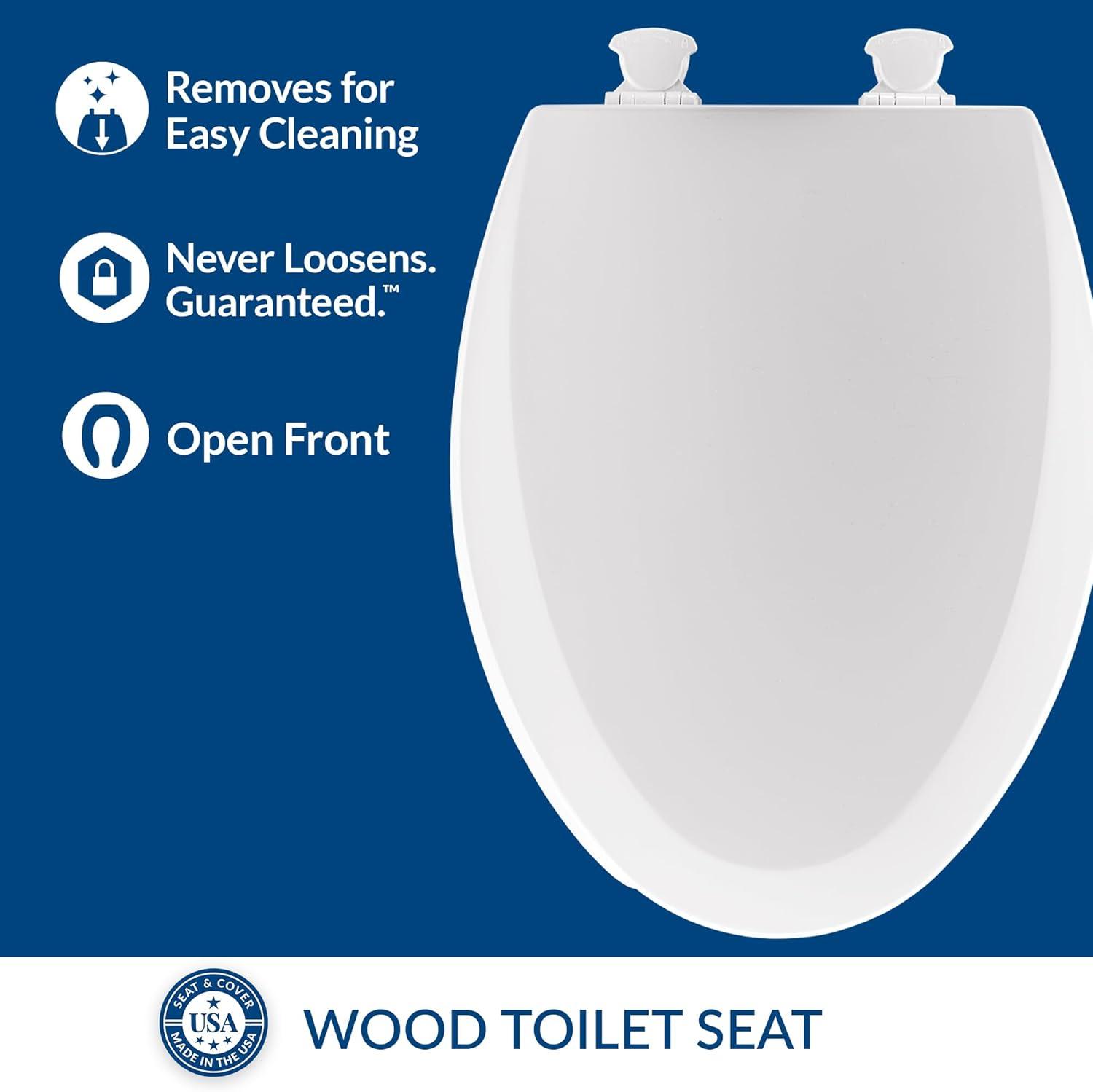 18440EC Open Front Toilet Seat, Never Loosens, Easily Remove for Cleaning, ELONGATED, Wood, White
