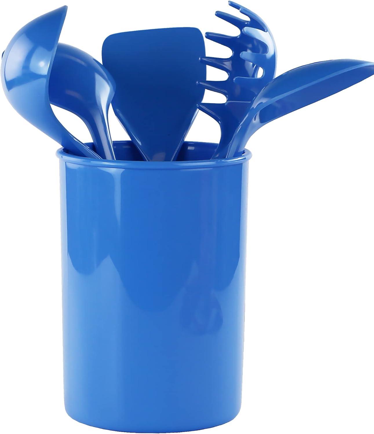 Reston Lloyd 6 Piece Kitchen Utensil Holder for kitchen counter, Utensils crock with Heat Resistant Spoon, Slotted Spoon, Ladle, Spatula BPA Free, Azure