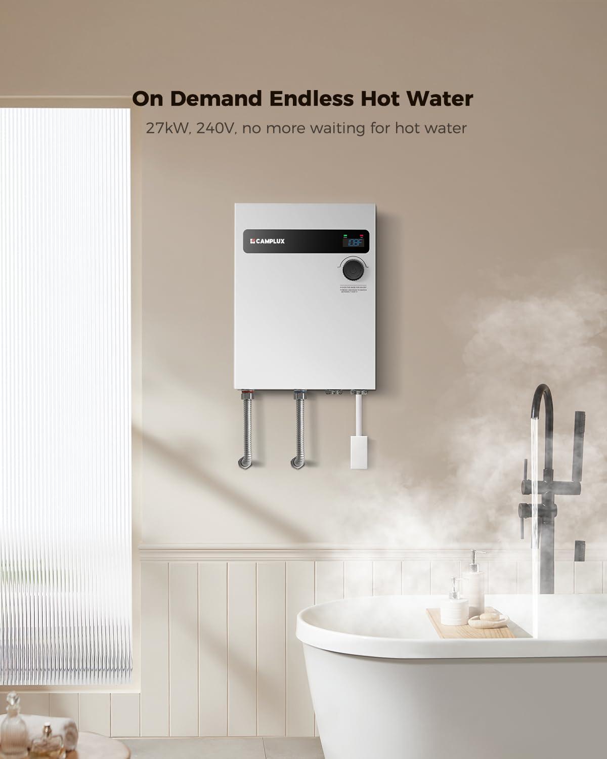 CAMPLUX 27KW 240V Electric Tankless Water Heater , Instant Hot Water Heater