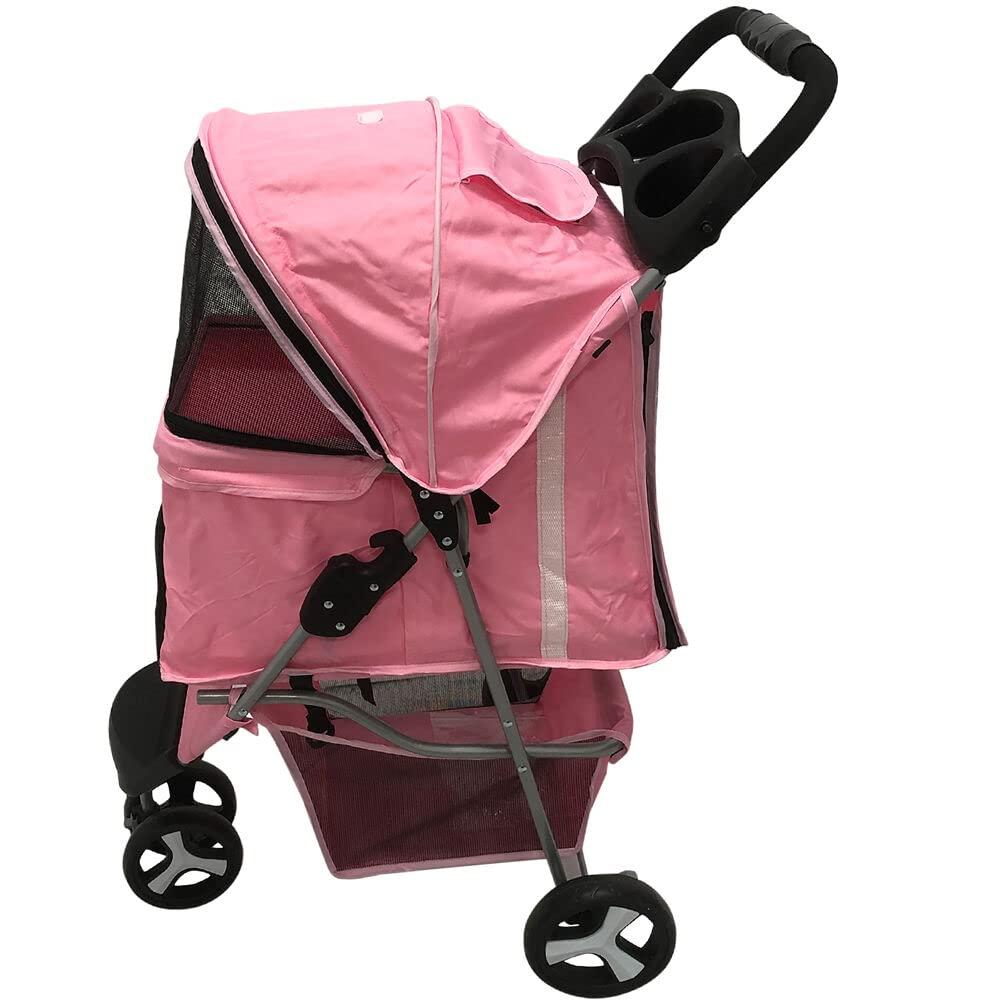 Pink 3-Wheel Jogging Pet Stroller with Storage Basket