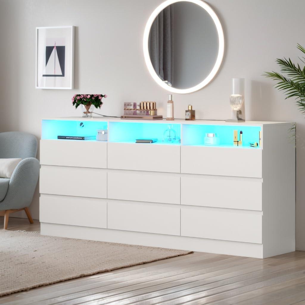 Modern White Double Dresser with LED Lights and Charging Station