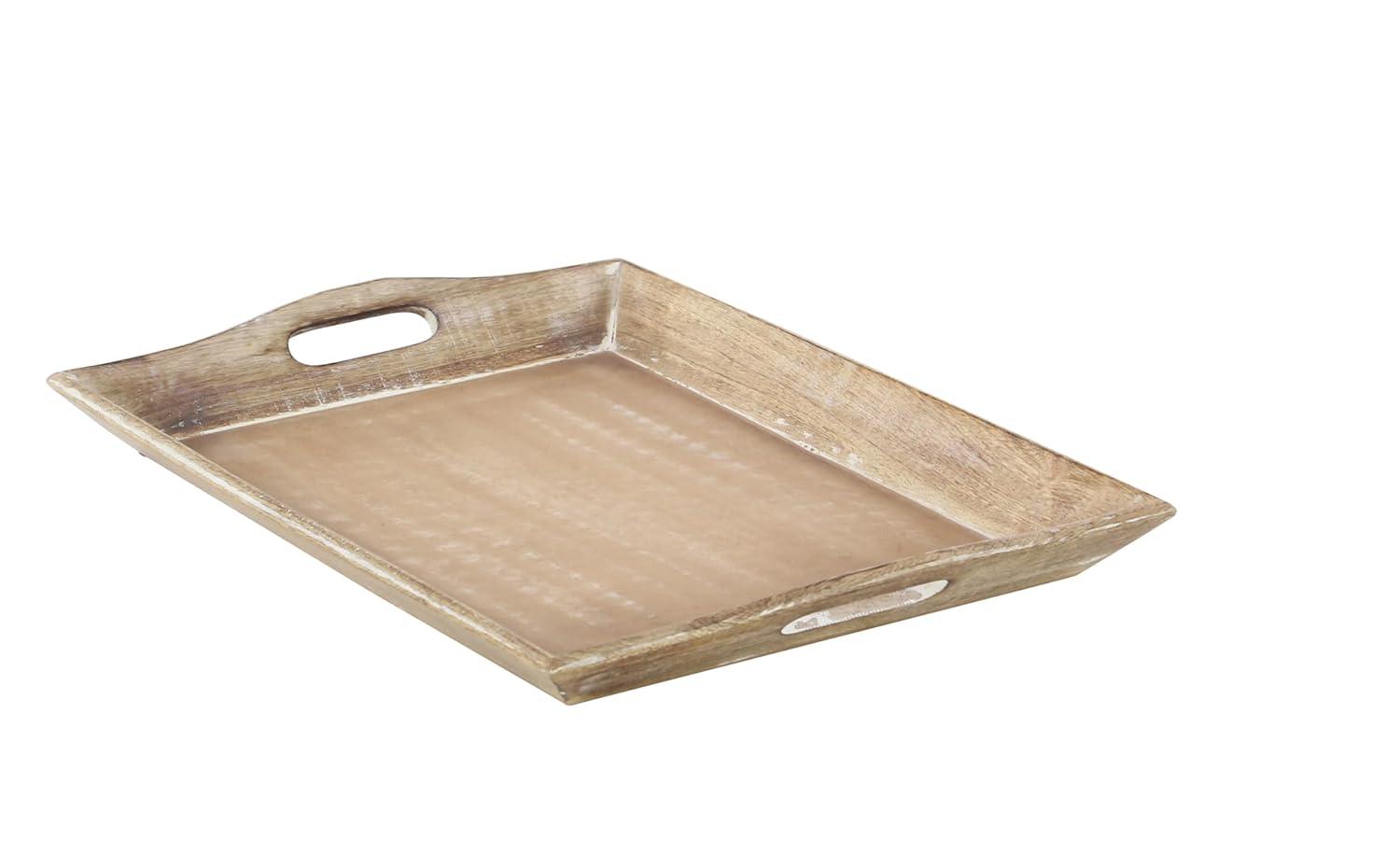 Olivia & May Set of 2 Traditional Whitewashed Natural Mango Wood Serving Trays Brown: Ottoman Style, with Handles
