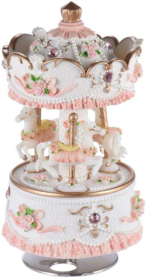 Pink Resin Carousel Music Box with LED Lights and Rhinestones