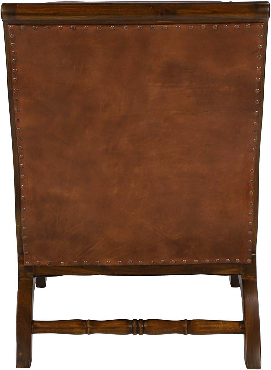 Handcrafted Brown Leather and Teak Wood Accent Chair with Ottoman