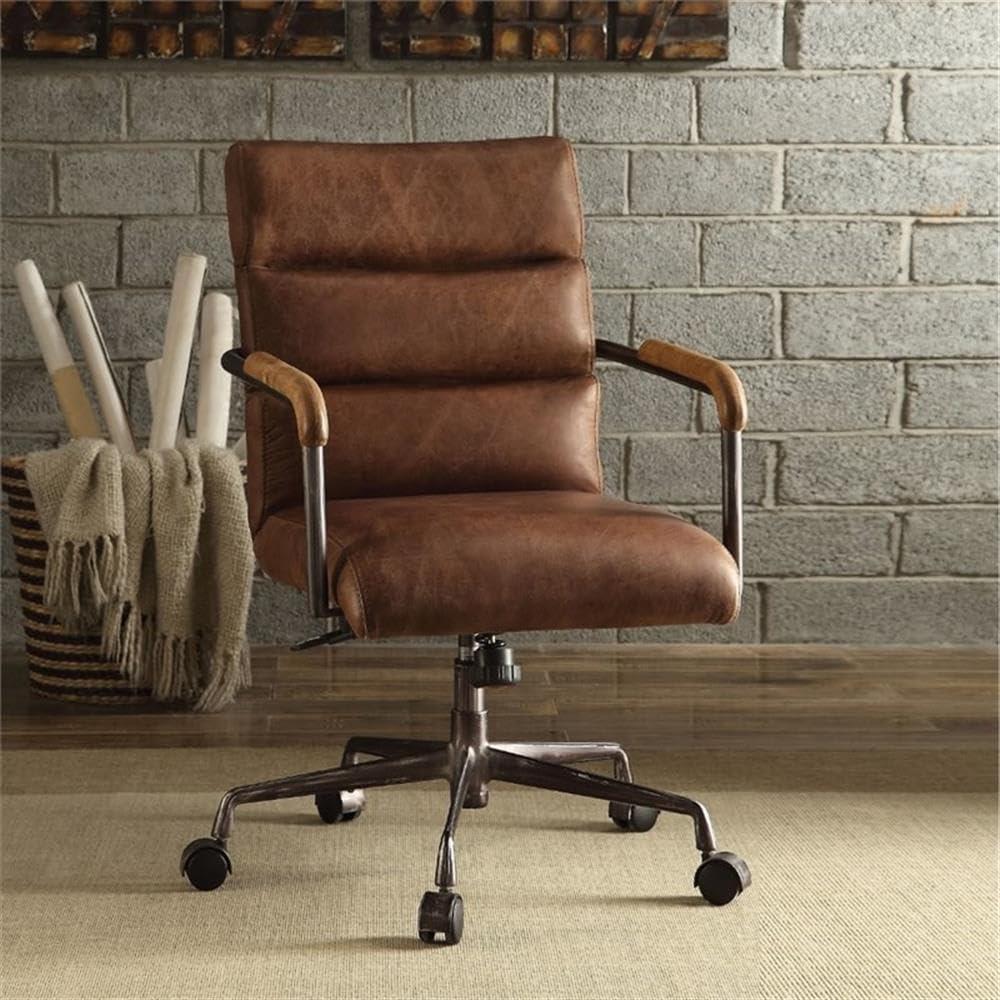 Leather Executive Swivel Office Chair with Lumbar and Back Support and Wheels, Industrial Modern Upholstered Home Desk Chair in Retro Brown Top Grain Leather for Living Room Office