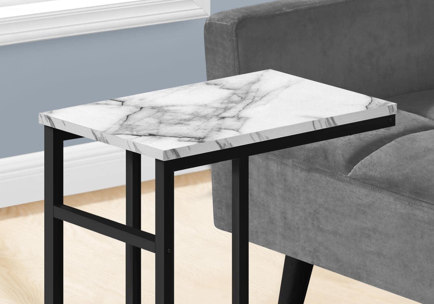 White Marble and Black Metal C-Shaped End Table