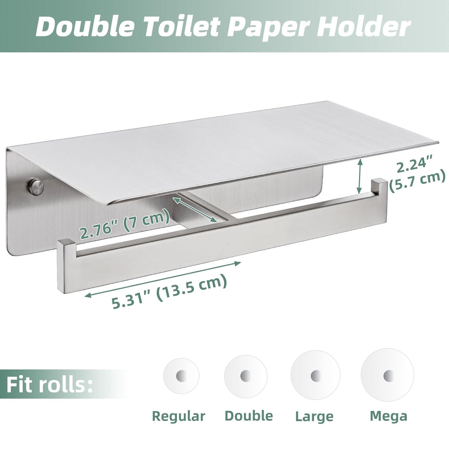 Double Toilet Paper Holder with Shelf Brushed Nickel, Modern Bathroom Accessories SUS 304 Stainless Steel Commercial Tissue Roll Dispenser Mobile Phone Storage Rack Handy Use