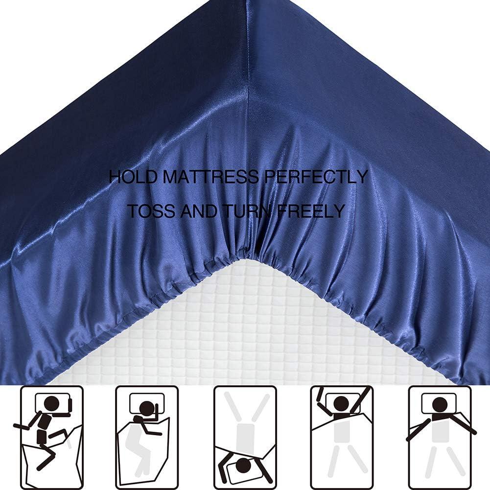 Satin Bed Sheets Full Size Sheet Sets, Navy Blue Silk Sheets, 4 - Pieces Soft Bedding Set with 1 Deep Pocket Fitted Sheet,1 Flat Sheet,2 Pillowcase