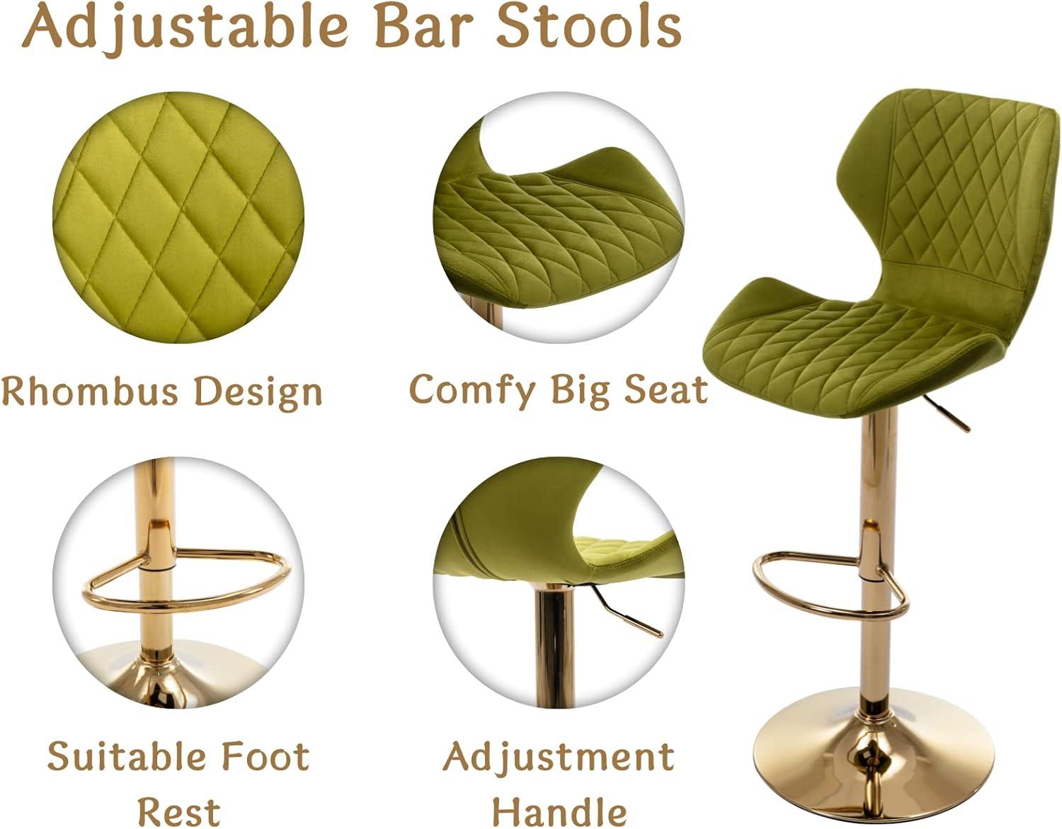 Domiluxe Modern Swivel Bar Stools Set of 2,Velvet Adjustable Counter Height Chairs with Backs, Counter Height Bar Stools with Golden Color Base for Home Kitchen Dining Room,Green