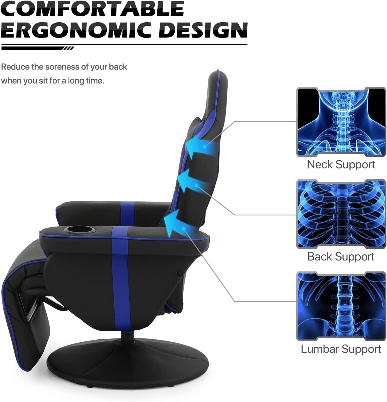 MoNiBloom Video Gaming Chair Ergonomic Recliner Racing Chair, High Back Swivel Chair with Adjustable Footrest and Backrest, Headrest and Cup Holder, Blue