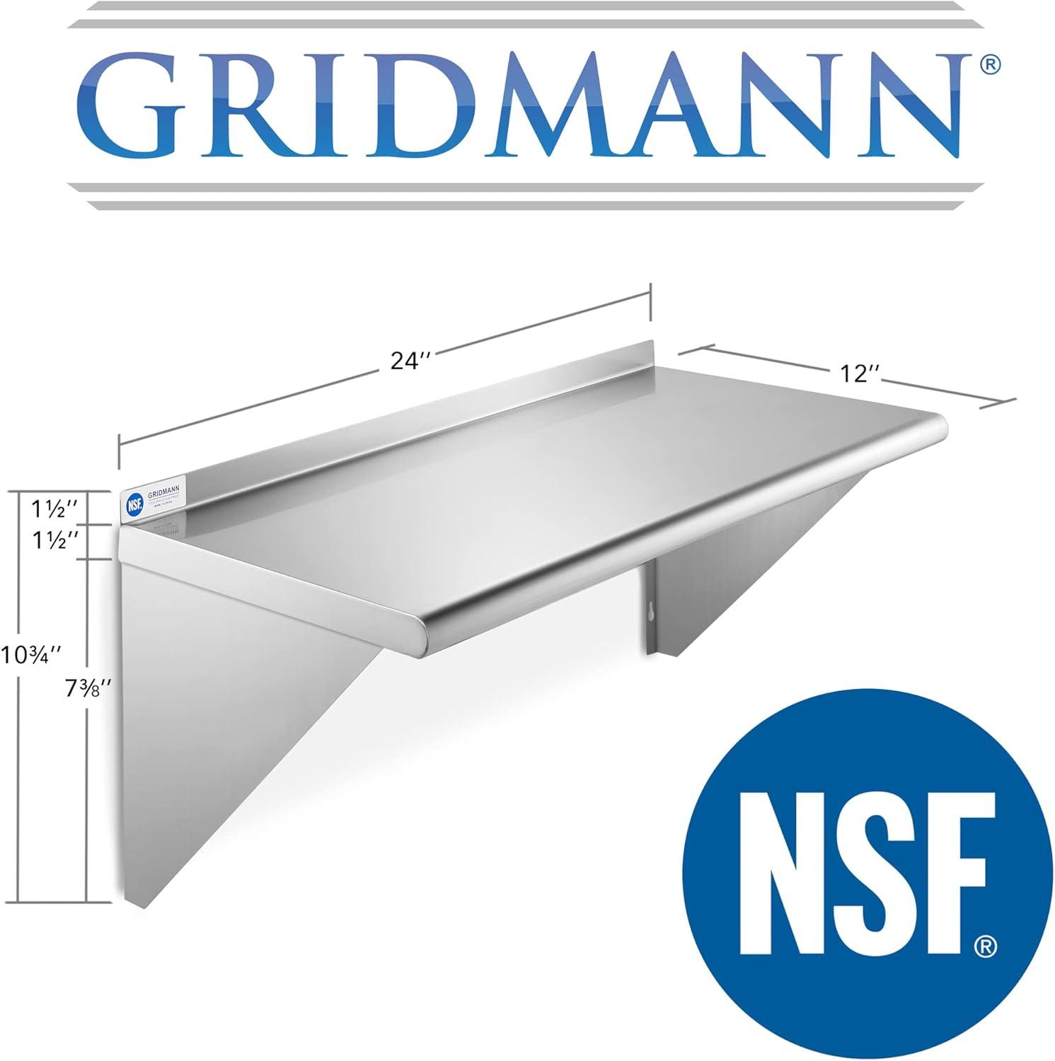 GRIDMANN 12" Deep Stainless Steel Kitchen Wall Mount Shelves with Backsplash - NSF Certified