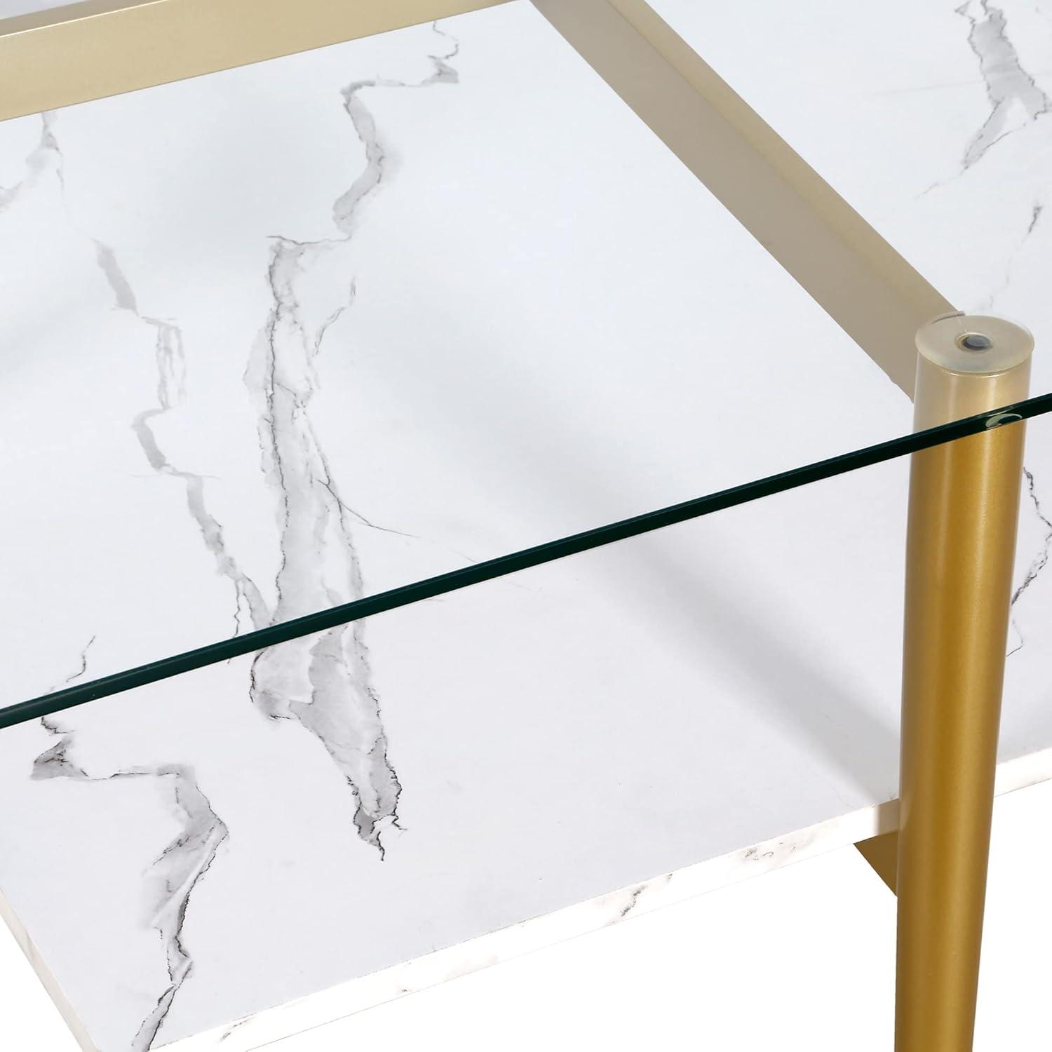 Evelyn&Zoe Otto 32" Wide Square Coffee Table with Faux Marble Shelf, Brass