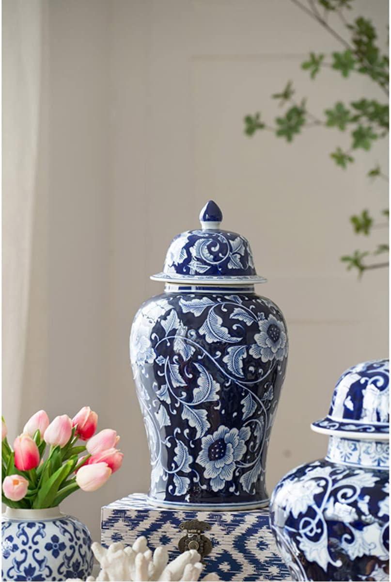 Blue and White Porcelain Floral Ginger Jar with Lid, 18"