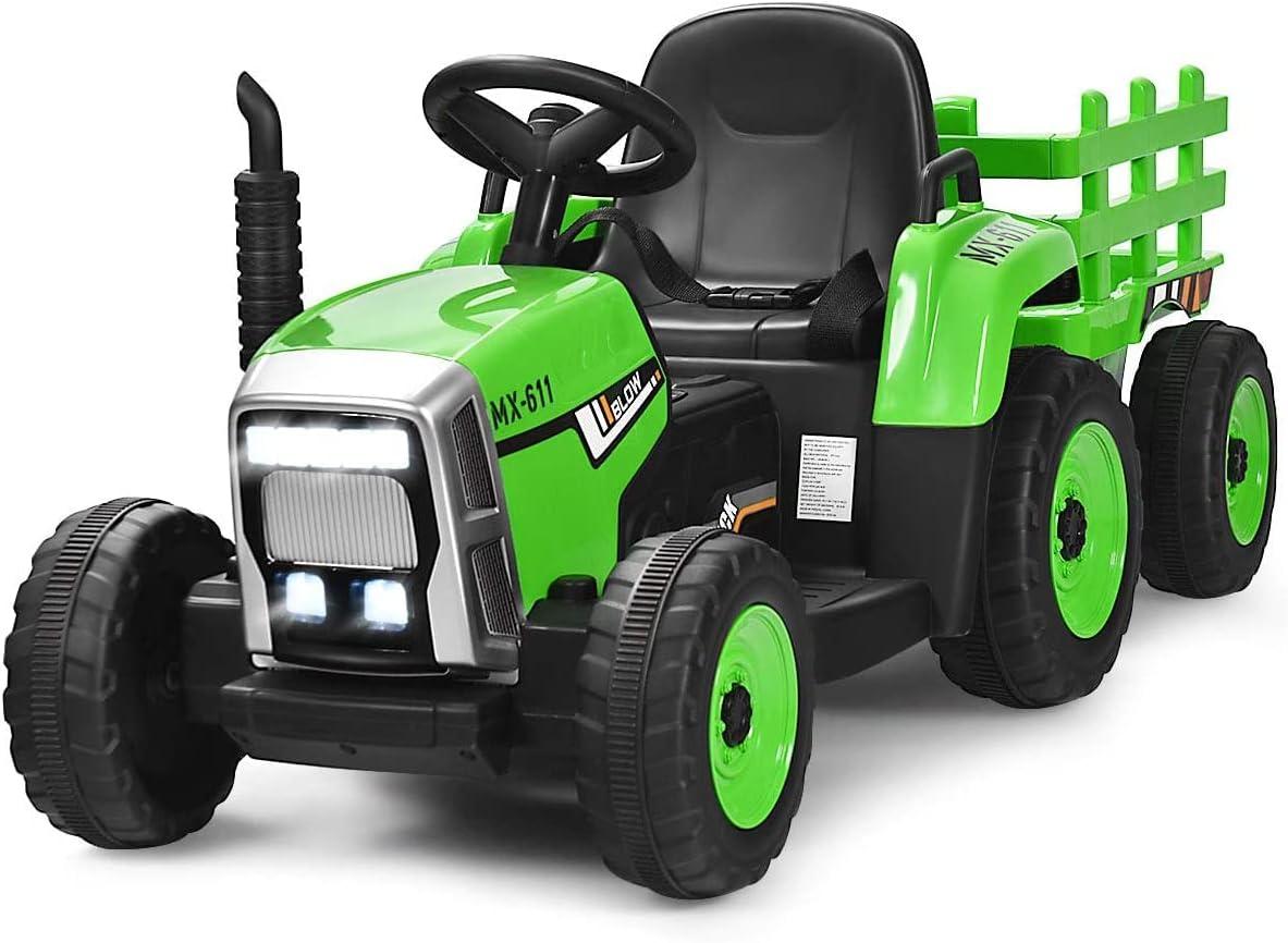 Green 12V Kids Ride-On Tractor with Trailer and Remote Control