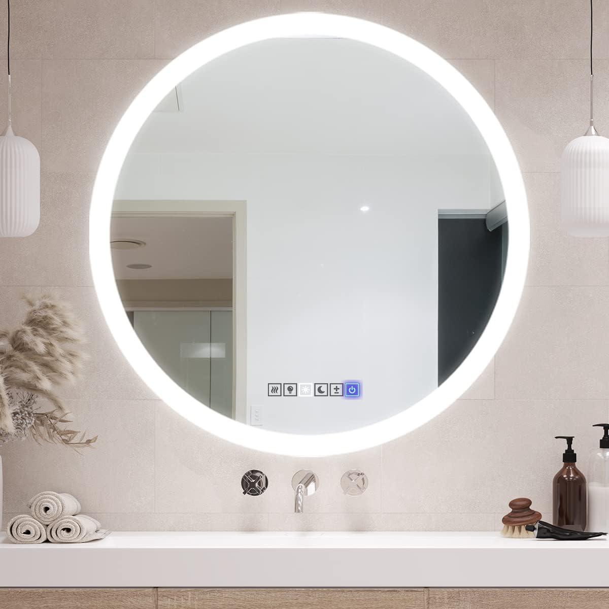 Round Lighted LED Bathroom and Vanity Mirror 28 inch with Anti Fog, Wall Mounted, Dimmer Touch Sensors by Fab Glass and Mirror