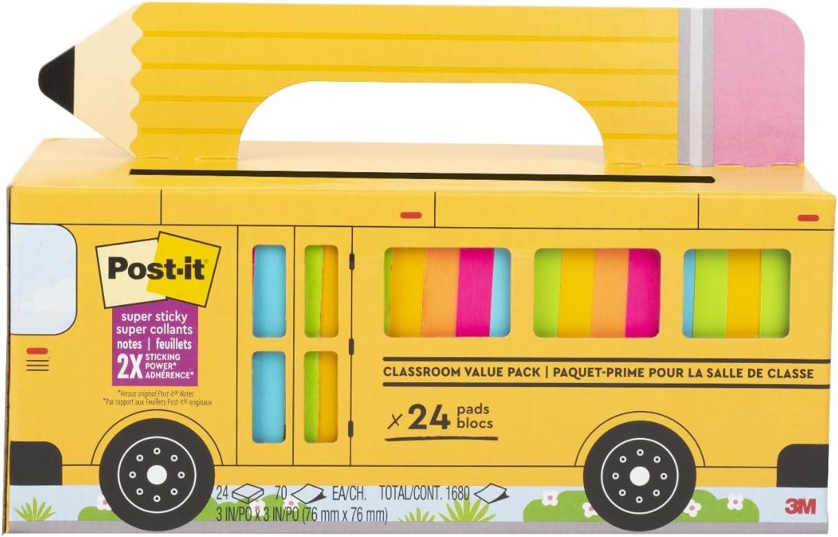 Post-it Super Sticky Notes Bus Pack, 3 x 3 Inches, Assorted, Pack of 24