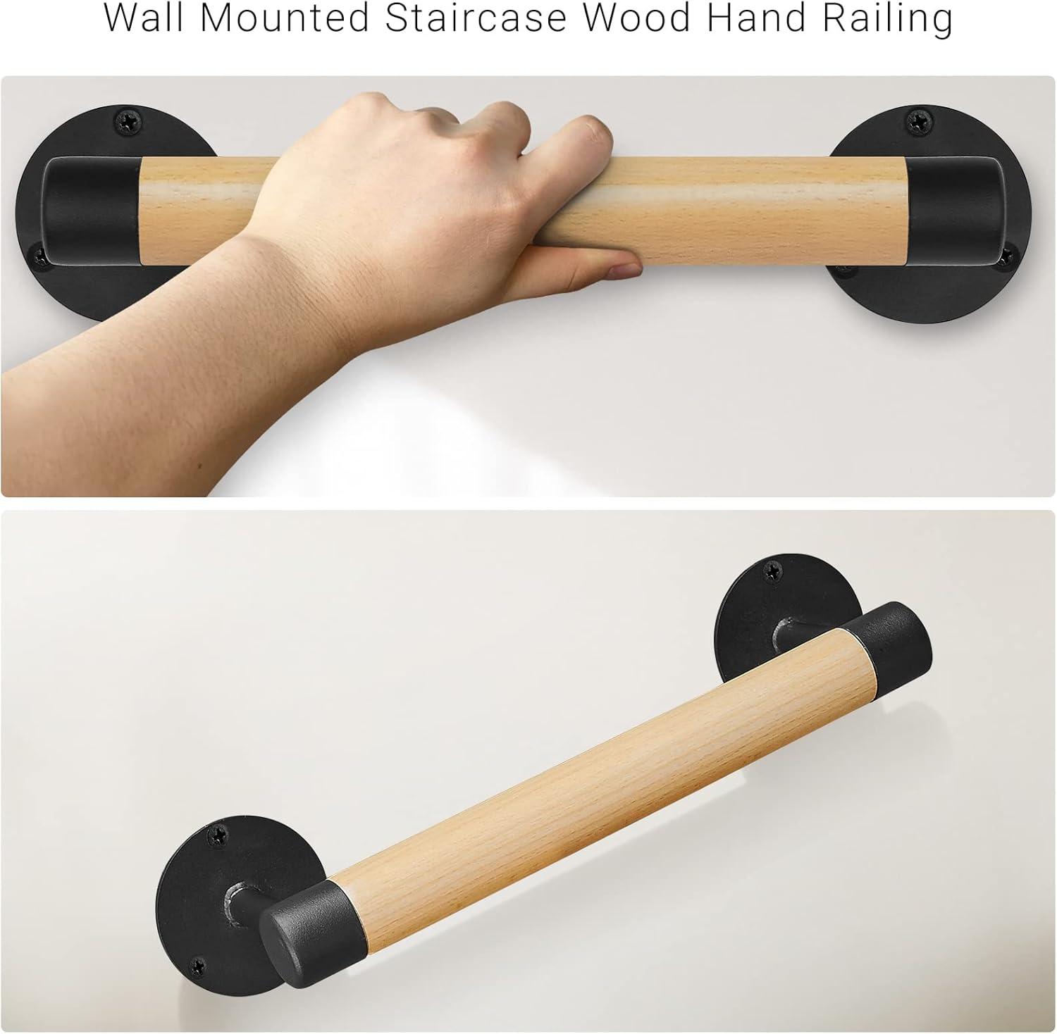 1ft Wood Handrail for Indoor Stairs, Wood Staircase Handrail W/s Black Sturdy Metal Brackets, Stair Banister Railing Wooden Safety Grab Bar for Elderly & Kids