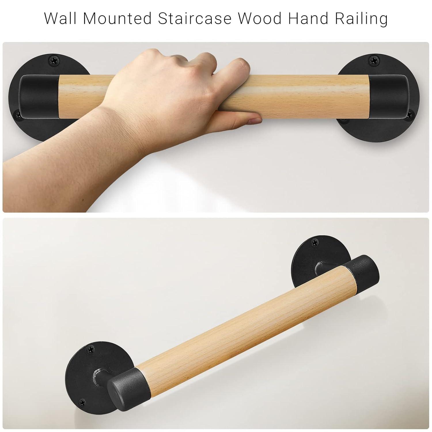 1ft Wood Handrail for Indoor Stairs, Wood Staircase Handrail W/s Black Sturdy Metal Brackets, Stair Banister Railing Wooden Safety Grab Bar for Elderly & Kids