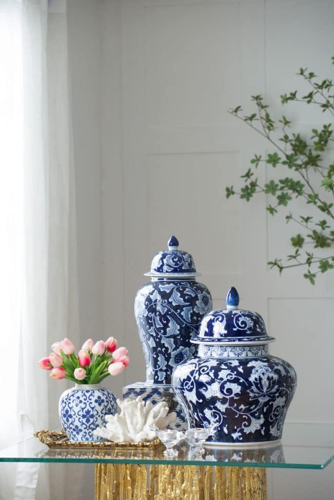 Blue and White Floral Porcelain Ginger Jar with Lid, 17 Inch