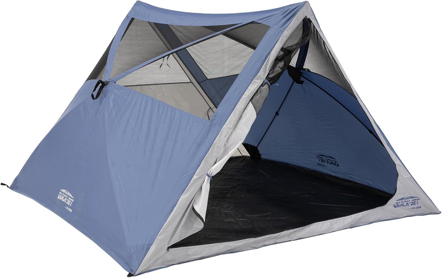 CLAM Quick-Set Apex A-Frame Tent, 8 x 8 Foot Portable Pop Up Tent Outdoor, 3 Person Camping Shelter with 2 Entry Doors & Rain Fly, Blue/Gray