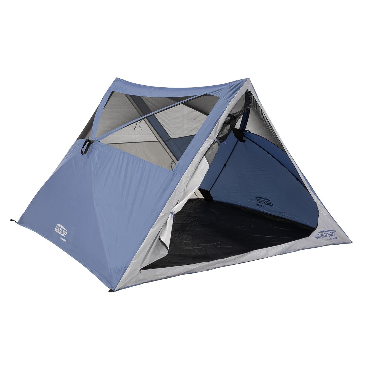 CLAM Quick-Set Apex A-Frame Tent, 8 x 8 Foot Portable Pop Up Tent Outdoor, 3 Person Camping Shelter with 2 Entry Doors & Rain Fly, Blue/Gray