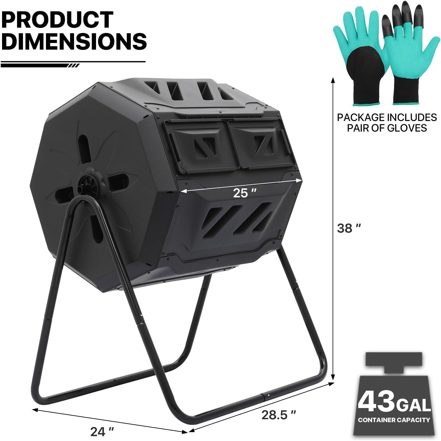 43 Gallon Dual Chamber Compost Tumbler, Tumbling Rotating Composter, with 2 Sliding Doors and Gloves