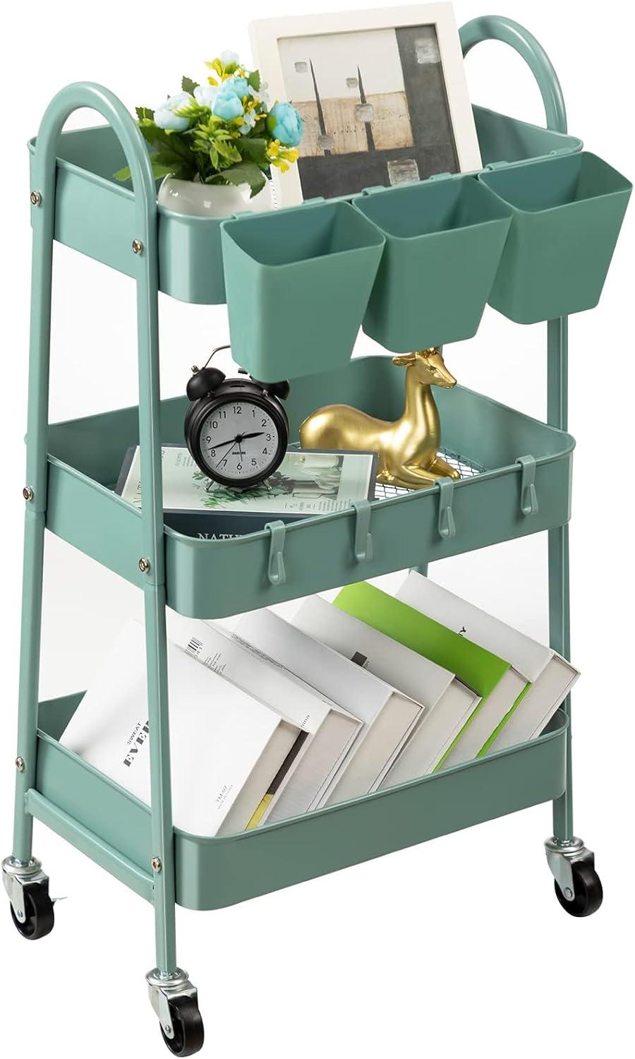 Green Metal 3-Tier Rolling Storage Cart with Lockable Wheels