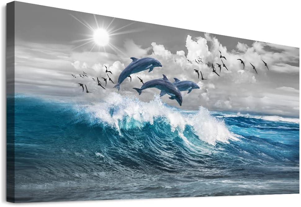 Chilfamy Wall Decorations For Living Room Canvas Wall Art For Bedroom Blue Waves Of The Sea Wall Pictures Artwork Office Canvas Art Print Dolphins Wall Paintings Ready To Hang Home Decor 20x16 Inch