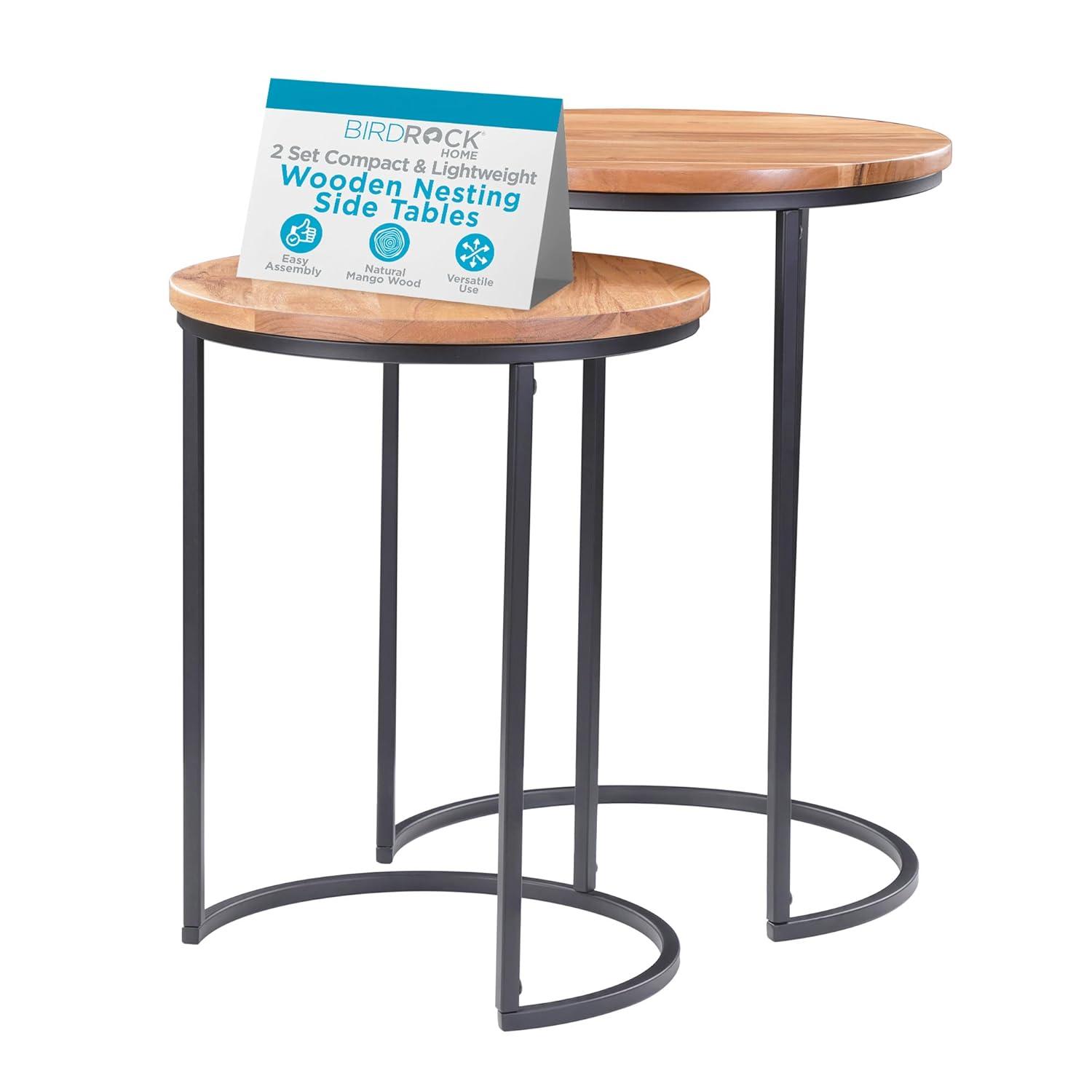 BIRDROCK HOME Wooden Nesting Side Tables - Mid Century Modern Stackable Coffee Table - Space-Saving Wooden End Table for Living Room, Bedroom, Centerpiece, Office, Balcony - Natural Mango Wood - 2 Set