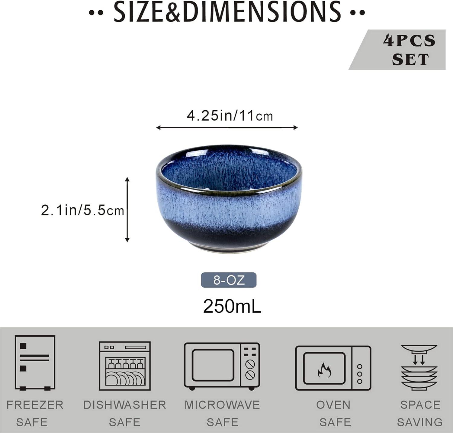 Blue Ceramic 8 Oz Microwave Safe Dessert Bowls, Set of 4